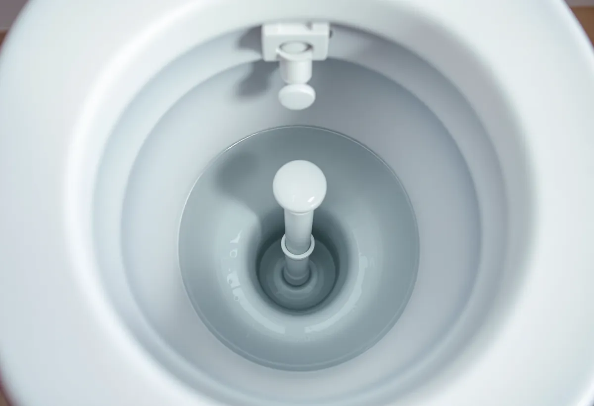 Interior de uma caixa acoplada de vaso sanitário mostrando o mecanismo de descarga