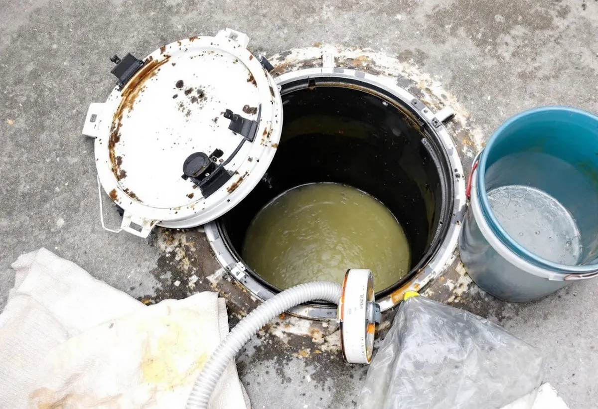 Caixa de gordura aberta com mangueira flexível, balde e pano ao lado, pronta para desobstrução
