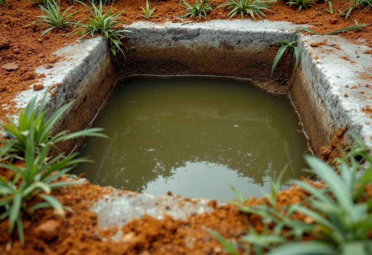 Câmara de fossa de concreto cheia de líquido turvo quase transbordando, em terra vermelha