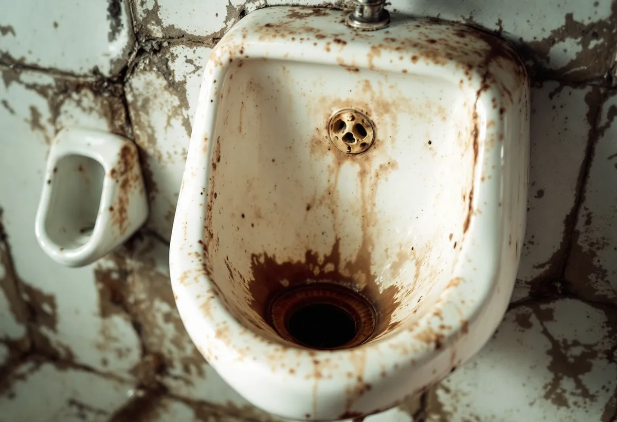 Mictório de louça branca com forte incrustação de cálculo urinário ao redor do ralo