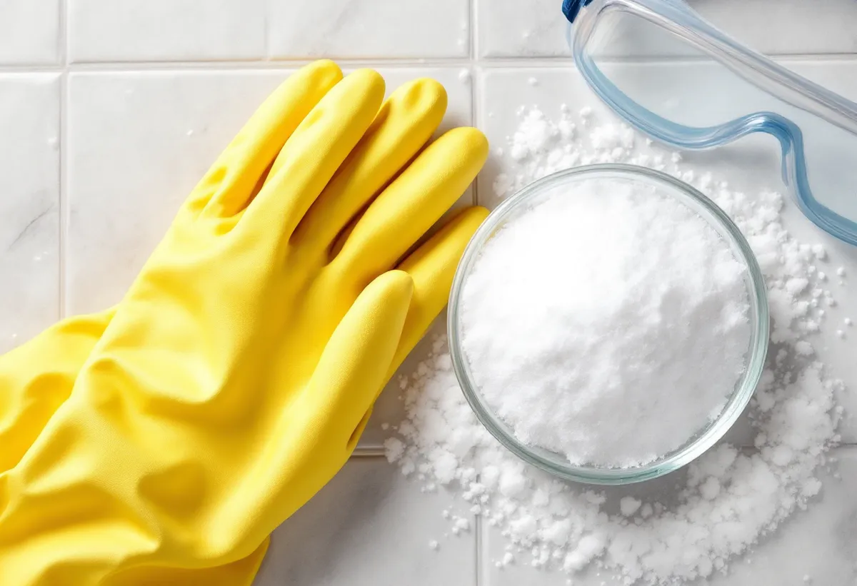 Cristais de soda cáustica em uma tigela de vidro ao lado de luvas e óculos de proteção